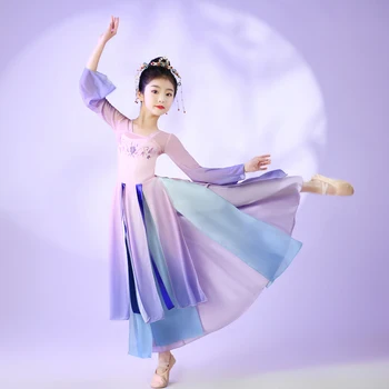 Детский классический танцевальный костюм, оберег для тела, элегантная марлевая одежда для упражнений Hanfu в китайском стиле, одежда для танцев для девочек