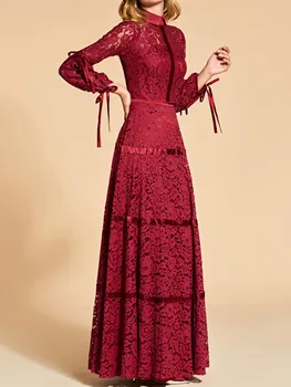 Элегантные красные женские кружевные платья А-силуэта с высоким воротом для матери невесты и жениха, вечерние платья длиной до пола с длинными рукавами