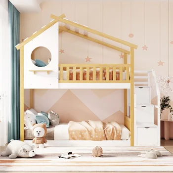 Двухъярусная кровать Twin-Over-Twin в стиле Коттеджа, Домашняя кровать, Кладовка и Ограждение, Натуральная кровать + Белая лестница, для Детской спальни