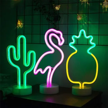 Креативные светодиодные неоновые вывески с фламинго и кактусом, работающие от USB / аккумулятора, Прикроватные ночники для домашней спальни, кабинета, Рождественское украшение