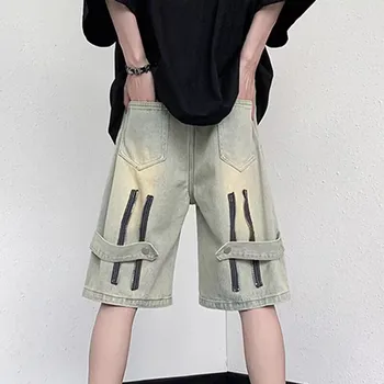 Модные Корейские винтажные мужские брюки-карго на молнии, широкие повседневные джинсы для мужчин, уличная одежда, ковбойские шорты в стиле хип-хоп
