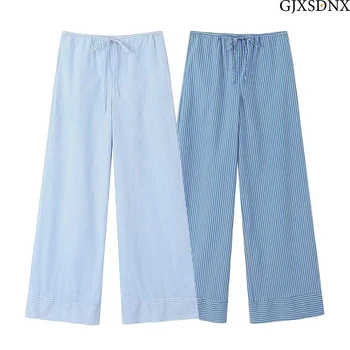 Модные женские брюки в полоску TRAF 2023, летние широкие синие брюки, женские повседневные свободные брюки, женские карманы с низкой талией на шнуровке