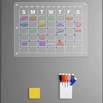 Акриловый магнитный календарь для холодильника, прозрачная магнитная доска-календарь для холодильника с сухим стиранием размером 16x12 дюймов, (Календарь)