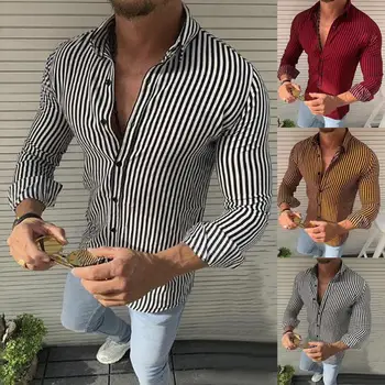 Повседневные мужские рубашки с длинным рукавом 2023, Весенне-осенняя модная рубашка в полоску с принтом для мужчин, топы-кардиганы с отложным воротником и пуговицами