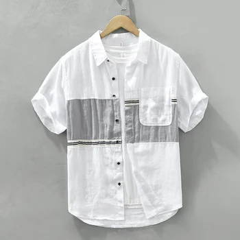 Мужская рубашка из чистого льна с коротким рукавом, летняя тонкая дышащая Модная повседневная рубашка, топы