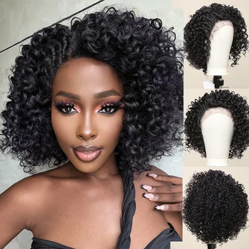 Афро-Кудрявые синтетические парики на кружеве Короткие Черные Кудрявые парики-бомбы с боковой частью для женщин для ежедневного косплея Термостойкие волосы