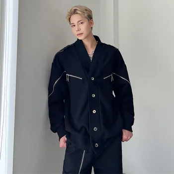 Мужской кардиган SYUHGFA, модная куртка с V-образным вырезом, дизайн с разрезом на молнии, индивидуальность, мужская одежда, повседневное пальто в корейском стиле