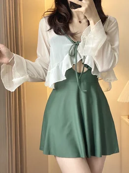 Летняя новая Корейская женская пляжная одежда, Женские купальники, комплект из 2 предметов, однотонная блузка с длинным рукавом, цельные купальники с открытой спиной
