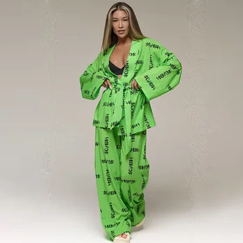 Новая зеленая повседневная пижама со свободным принтом, женская ночная одежда, Элегантные халаты на шнуровке с длинными рукавами и широкими штанами, комплект женской пижамы