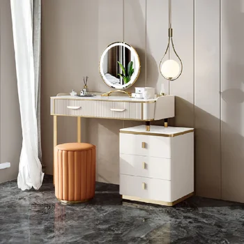 Современный набор туалетных столиков Туалетный столик для макияжа, письменный стол с 5 выдвижными ящиками, зеркало со светодиодной подсветкой и табурет