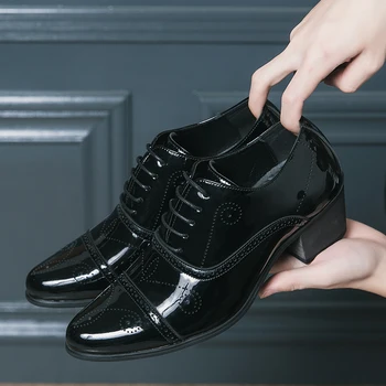 Новая черная официальная мужская обувь из лакированной кожи на шнуровке ручной работы, деловые мужские модельные туфли ручной работы на толстом каблуке