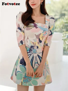 Fotvotee/ женское платье с модным принтом 2023, новые Корейские Жаккардовые облегающие платья с квадратным воротником, женское элегантное мини-платье