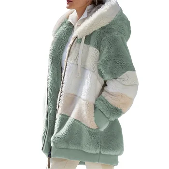 Зимнее женское пальто Модная повседневная женская одежда в клетку с отстрочкой, женское пальто на молнии с капюшоном, плюшевая женская куртка, новинка, горячая распродажа