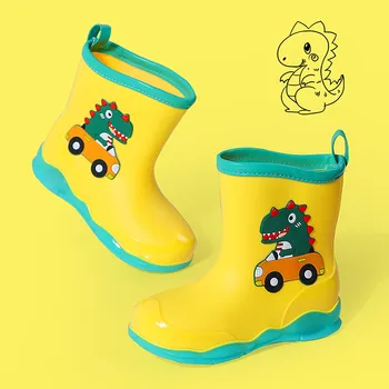 Детские непромокаемые ботинки с рисунком динозавра, уличные нескользящие ботинки из ПВХ для мальчиков, зимние ботинки для мальчиков