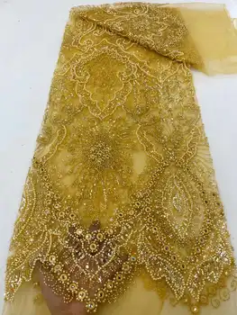 Роскошная французская кружевная ткань из плотного бисера, последняя африканская ткань с блестками 2023 года для пошива свадебных платьев