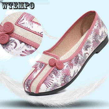 WTEMPO/ Женские повседневные парусиновые туфли на плоской подошве с вышивкой, винтажная женская дышащая обувь в китайском стиле, легкие балетки без застежки