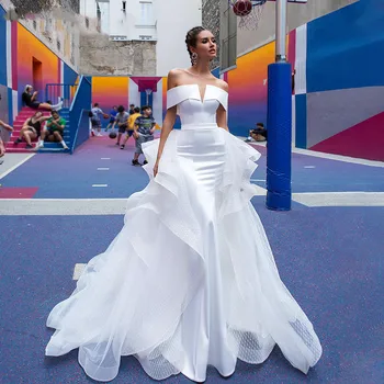 Элегантное платье Vestido De Novia, Индивидуальные Съемные Свадебные платья Русалки 2023, Атласные Белые платья невесты с вырезом лодочкой 2 В 1