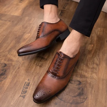 Классические мужские туфли-оксфорды из натуральной кожи, офисное платье на шнуровке с пряжкой, свадебные туфли-броги с острым носком, деловая официальная обувь для мужчин