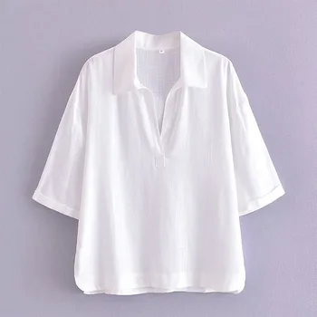 Ранняя осень, новая модная женская темпераментная повседневная универсальная рубашка с отворотом и рукавом миди из белой льняной смеси