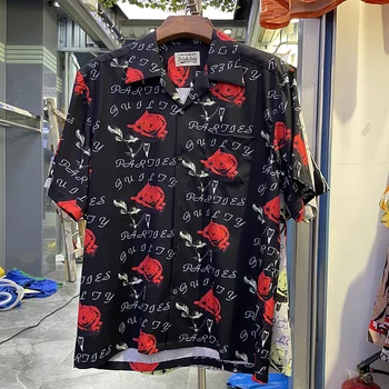 WACKO MARIA Уличная мода, Гавайская повседневная рубашка с короткими рукавами и принтом в виде листьев Розы, Свободная мужская Женская пляжная рубашка 1: 1, Летние топы в стиле Харадзюку