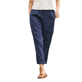 Женские карманы, однотонные удобные повседневные брюки из хлопка и конопли, прямые широкие брюки для женщин
