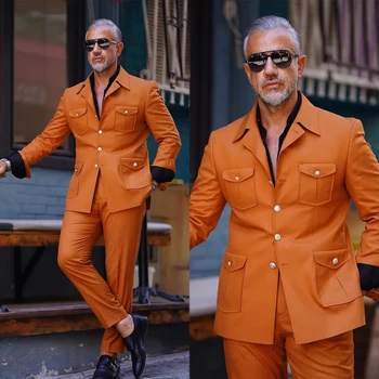 Модные мужские свадебные костюмы Оранжевого цвета, 2 предмета, осеннее пальто, деловая повседневная дизайнерская куртка, брюки, сшитый на заказ блейзер с четырьмя карманами, брюки