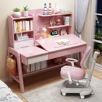 Письменный стол из массива дерева Простой домашний стол для учебы в спальне, регулируемый детский письменный стол и стул для рабочего стола