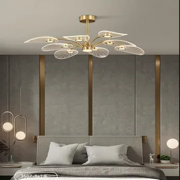 Современные медные люстры для гостиной, подвесной светильник в форме листа Лотоса, светодиодный светильник для внутреннего освещения