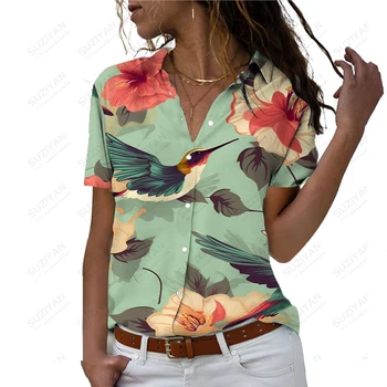 Модная крутая свободная рубашка, женская летняя повседневная однобортная рубашка, рубашка с коротким рукавом, рубашка с 3D принтом цветов и птиц