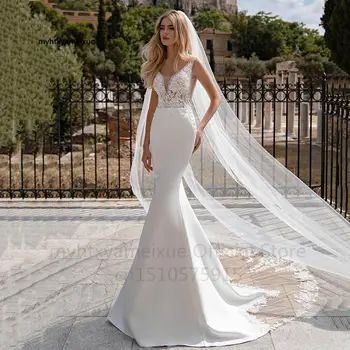 Сексуальные роскошные свадебные платья Русалки размера плюс 2023 с V-образным вырезом и кружевными аппликациями без спинки, женское атласное длинное платье невесты с пуговицами-иллюзиями