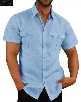Хлопчатобумажные льняные мужские рубашки с короткими рукавами, летние однотонные рубашки со стоячим воротником, повседневный пляжный стиль