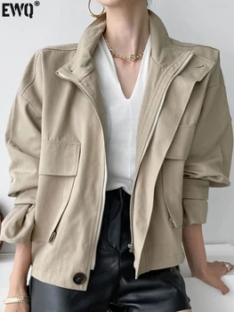 [EWQ] Женская куртка на молнии с воротником-стойкой, карман, лоскутное шитье, длинный рукав, подол, эластичные куртки с завязками, Новое осеннее пальто Tide 2023