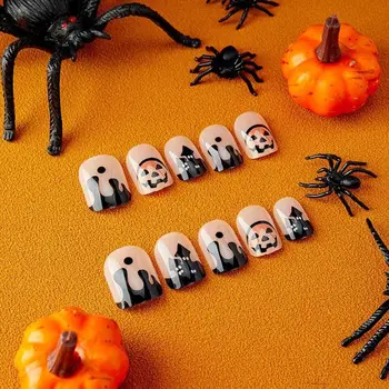 24шт Гвозди в виде тыквы с полным покрытием, накладные ногти короткой длины на Хэллоуин, прикольные накладки на ногти для женщин, девочек, Карнавал на Хэллоуин.