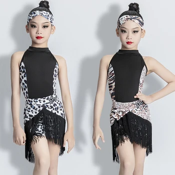 Одежда для соревнований по летним бальным танцам, леопардовый топ с кисточками, юбки для девочек, детские костюмы для латиноамериканских танцев, сценическая одежда SL8035