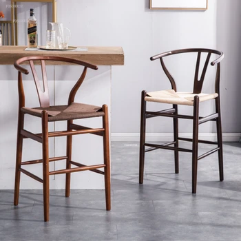 Барные стулья из массива скандинавской древесины для кафе, высокие барные стулья, минималистичная мебель для домашнего бара для креативного отдыха, барный стул из ротанга со спинкой