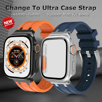 Замена на Ultra Case + ремешок для Apple Watch 9 8 7 45 мм Стеклянная крышка Силиконовый ремешок для iWatch серии 9 6 54 Se 44 мм Обновление до 49 мм