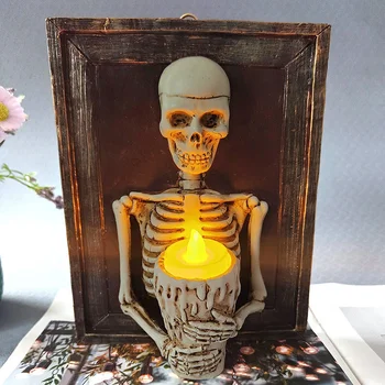 Фоторамка с черепом на Хэллоуин, свет свечи, материал смолы, Атмосфера ужаса при столкновении со скелетом, Декоративное украшение из смолы