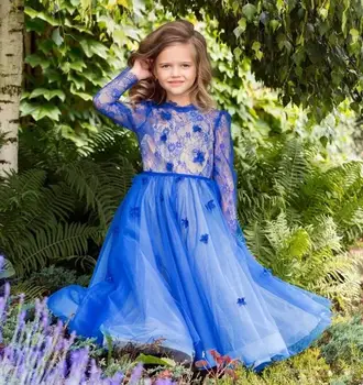 Королевское синее кружевное платье в цветочек для девочек с длинным рукавом трапециевидной формы в стиле бохо, летние пляжные нарядные платья для детей, вечеринка для малышей