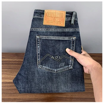 2023 Высококачественные мужские джинсы-стрейч, Осенние новые Ретро Синие Черные брюки из эластичного хлопка, прямые джинсовые брюки, мужские узкие брюки