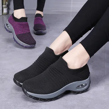 Женские теннисные туфли, спортивные кроссовки на платформе 5 см, эластичная повседневная обувь для женщин, дышащий носок, обувь на танкетке