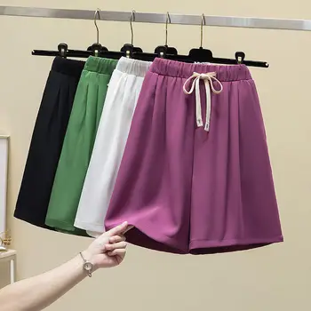 Женская одежда 2023 года, однотонные прямые широкие брюки, повседневные модные Свободные офисные женские шорты со шнуровкой, Летние тонкие шорты Normcore