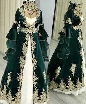 Турецкий кафтан Hunter Green, турецкие вечерние платья с расклешенными длинными рукавами, бархатные вечерние платья для выпускного вечера, Арабский Дубай, Гелинлик
