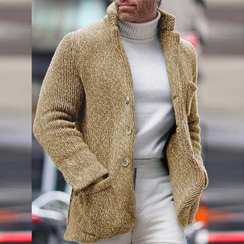 Винтажный мужской свитер с воротником-стойкой, куртка, Повседневные Однобортные Тонкие свитера с длинным рукавом, пальто, Зимний Теплый Вязаный Кардиган Для мужчин