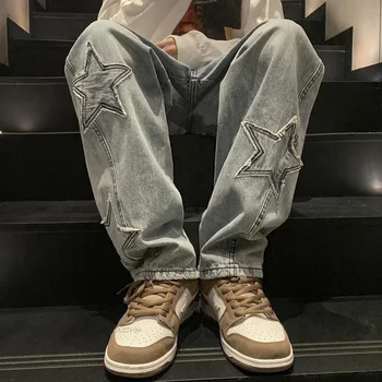 Джинсы Harajuku Женская уличная одежда Ретро Модные джинсы с высокой талией Свободные Широкие прямые свободные джинсовые брюки Y2K Goth mom Pants