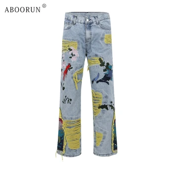 Мужские джинсы ABOORUN Hi Street, джинсовые брюки с вышивкой птиц, уличная одежда, брюки с рваными дырами для мужчин
