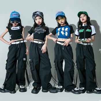 Современный джазовый танцевальный костюм для девочек, летняя одежда для выступлений в стиле хип-хоп, укороченные топы, черные брюки, одежда для уличных танцев в стиле Кп-поп.