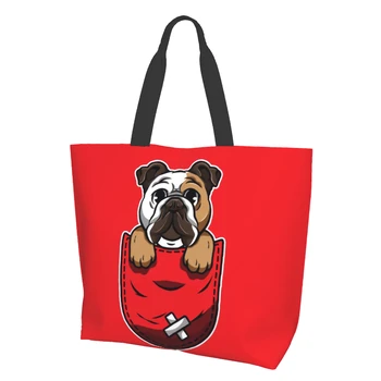 Симпатичная собачка, мультяшный щенок в красном кармане, холщовая сумка-тоут для женщин, кухня выходного дня, многоразовые продуктовые сумки