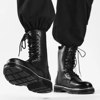Ботинки Martin; Мужские кожаные ботинки со средним верхом на молнии; британские высокие рабочие ботинки с большим плюшем; трендовые мужские черные мотоциклетные ботинки;