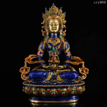 Коллекционная Китайская Винтажная Антикварная Статуя Будды Долголетия из перегородчатой чистой меди толщиной 8,4 дюйма