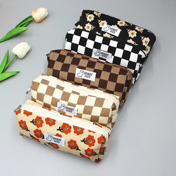 Женская Вельветовая Клетчатая сумка с цветами, Косметическая сумка для губ, Корейский Студенческий пенал, Дорожная сумка для кистей для макияжа, Необходимые сумки-органайзеры